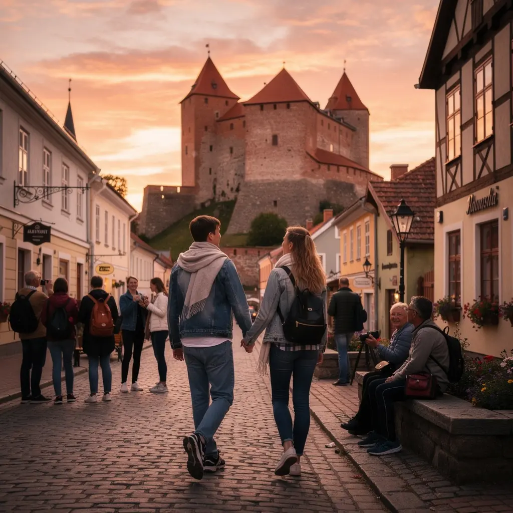Vietējā tirgus skats ar krāsainām dārzeņu un augļu tirdzniecības vietām.